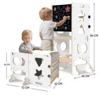 Torre de Aprendizaje Multifunción 4 en 1: collage con medidas de la torre y niños usándola
