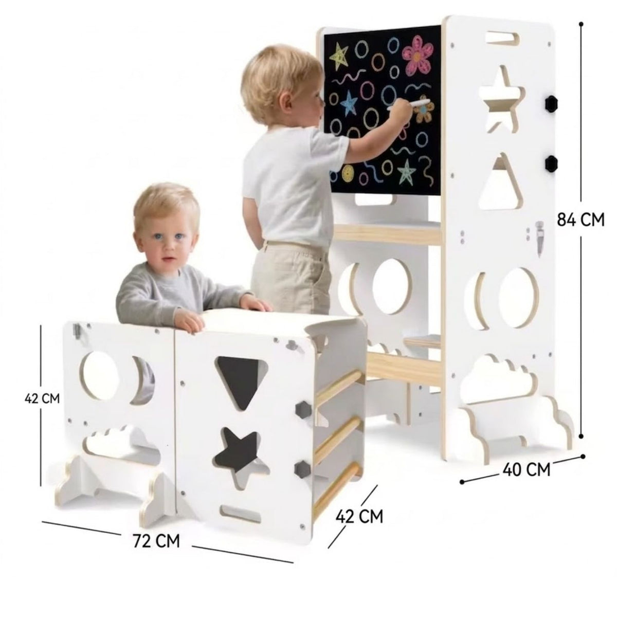 Torre de Aprendizaje Multifunción 4 en 1: collage con medidas de la torre y niños usándola