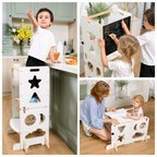 Torre de Aprendizaje Multifunción 4 en 1: collage con distintos usos de la torre por niños