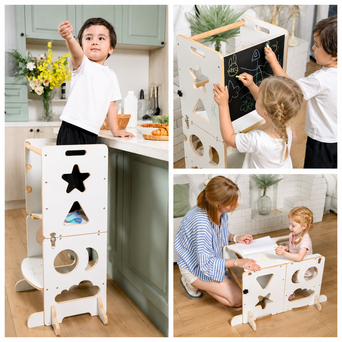 Torre de Aprendizaje Multifunción 4 en 1: collage con distintos usos de la torre por niños