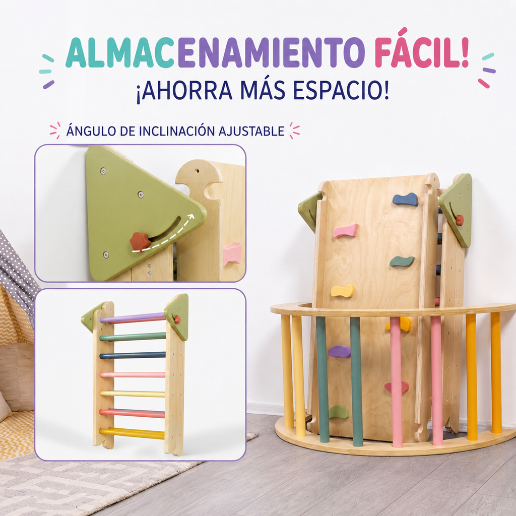 Set de Juego Pikler Plegable: infografía que muestra el plegado y almacenamiento del set Pikler