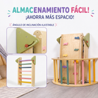Set de Juego Pikler Plegable: infografía que muestra el plegado y almacenamiento del set Pikler