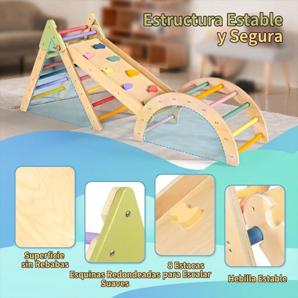 Set de Juego Pikler Plegable: infografía de estabilidad, materiales y uniones del set Pikler