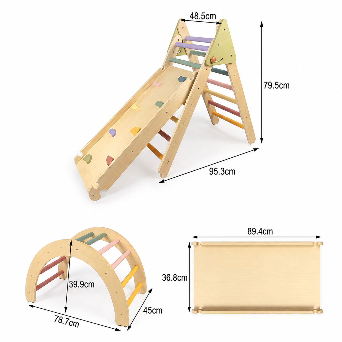 Set de Juego Pikler Plegable: diagrama con medidas del arco, triángulo y rampa Pikler