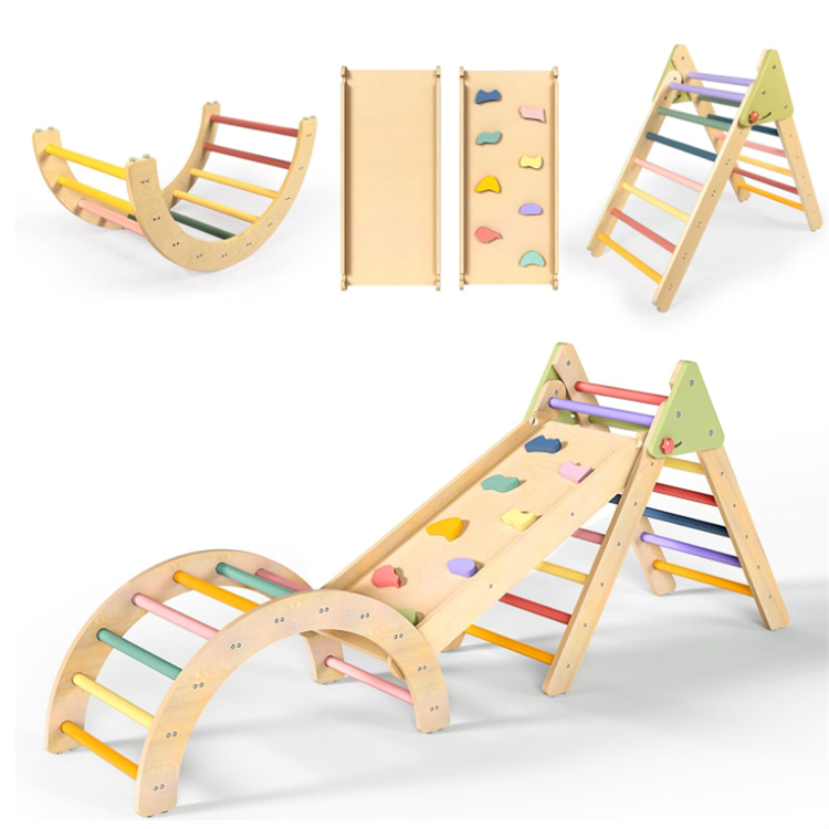 Set de Juego Pikler Plegable: arco, rampa y triángulo Pikler mostrados en varias configuraciones
