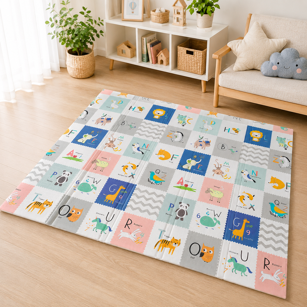 Playmat Plegable XPE 180 × 200: playmat plegable con letras y animales extendido en una sala infantil