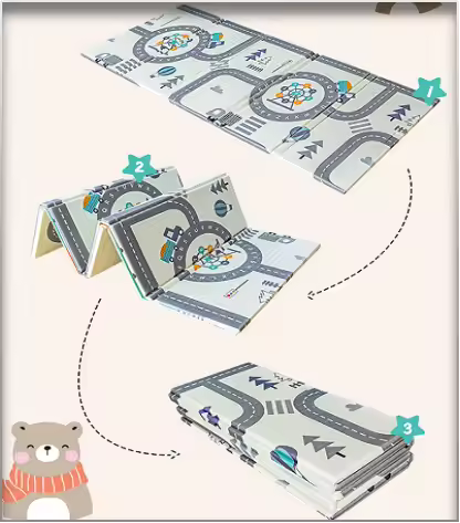 Playmat Plegable XPE 180 × 200: secuencia gráfica del playmat plegable al abrirse y cerrarse