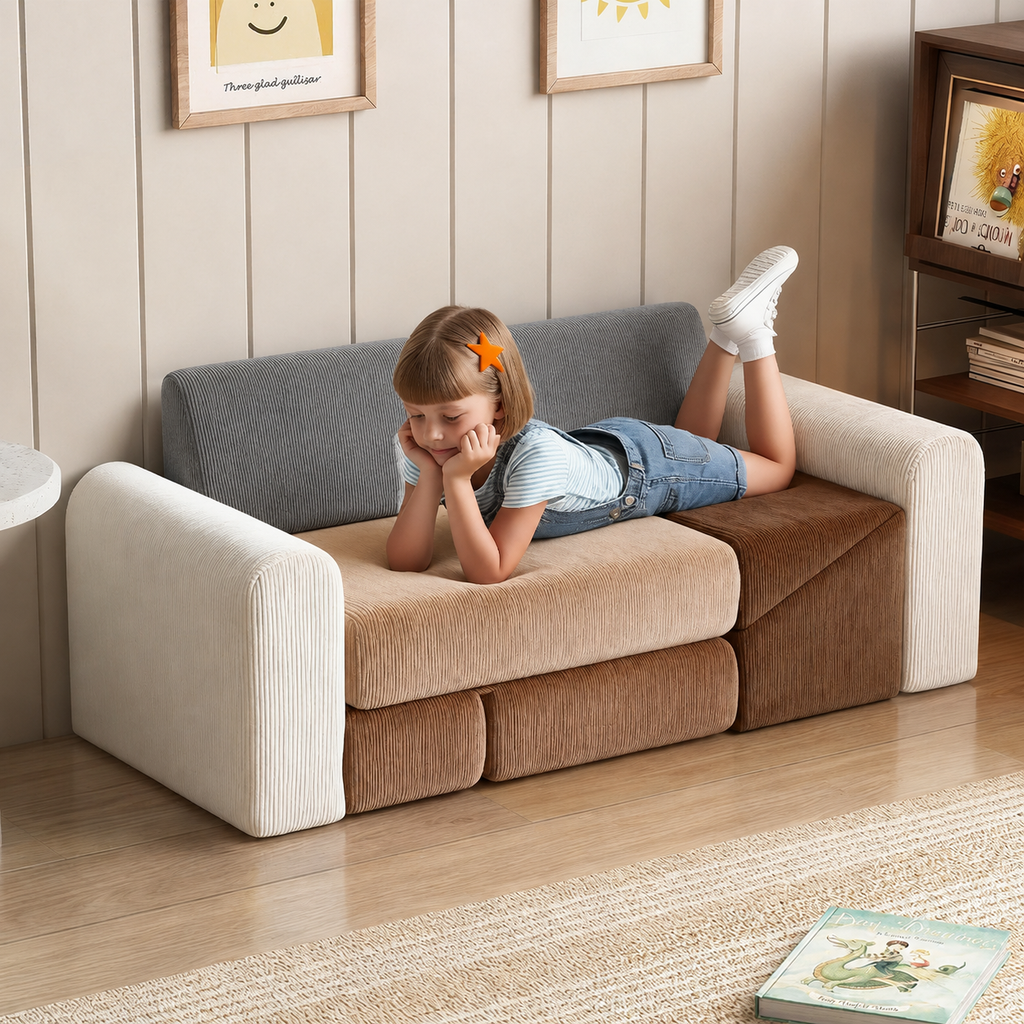 Sofá Modular de Espuma: niña recostada sobre el sofá modular de espuma armado