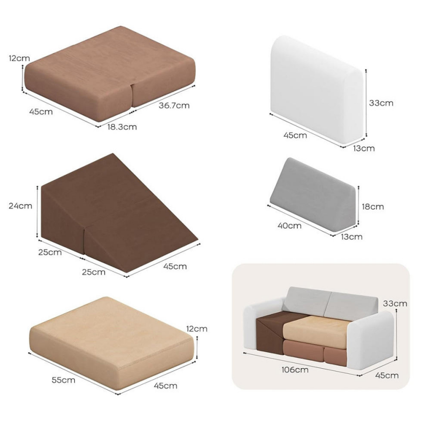 Sofá Modular de Espuma: infografía con medidas de las piezas del sofá modular