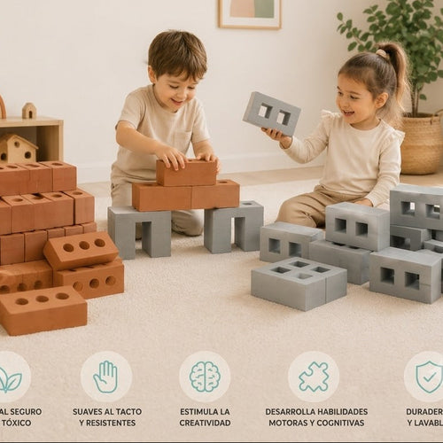 Bloques Goma Eva Tipo Ladrillo y Cemento - 50 Piezas: niños jugando con bloques EVA tipo ladrillo y cemento