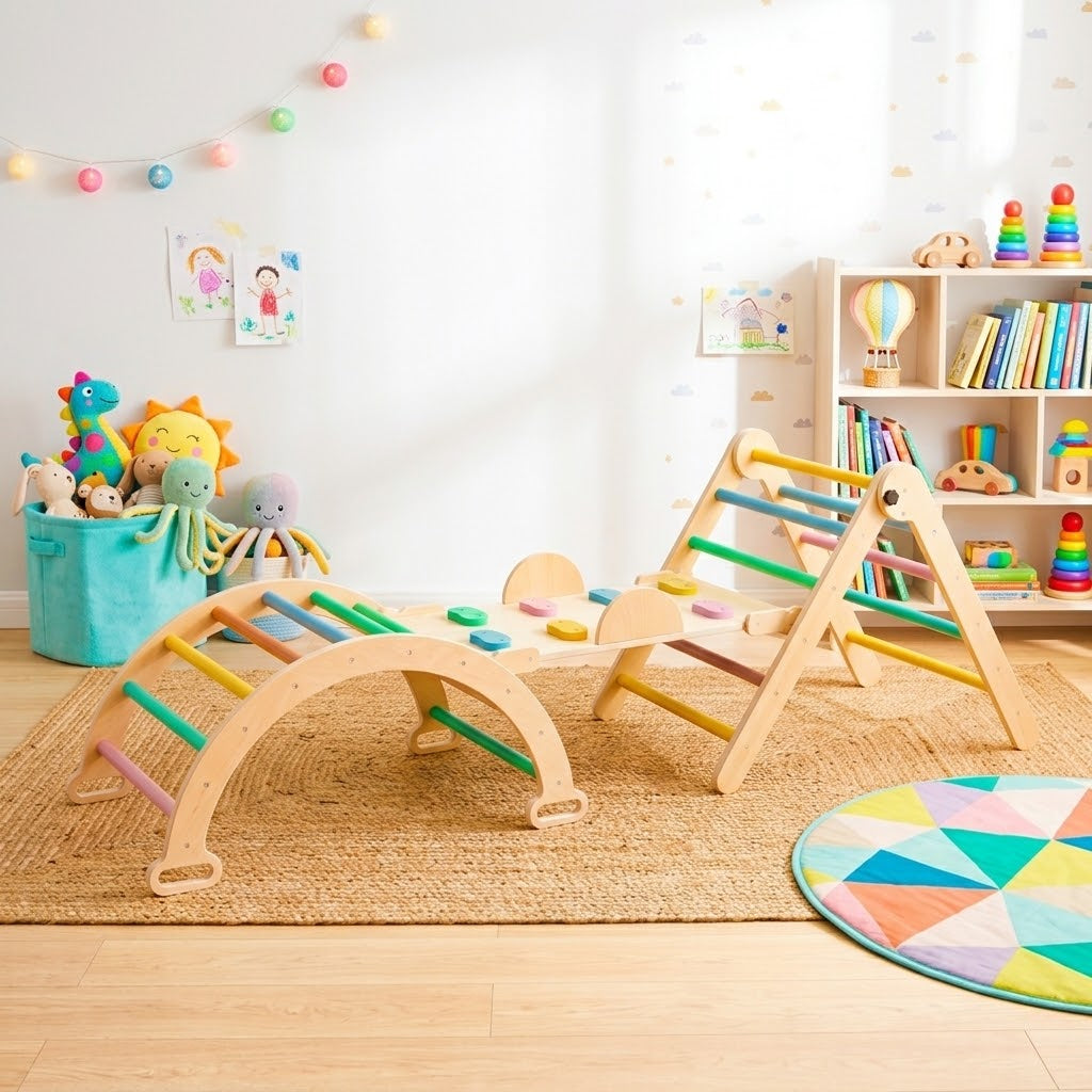 Set de escalada Pikler completo en una sala infantil