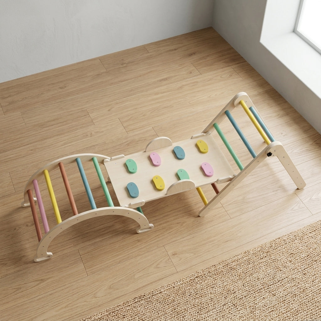 Set de Escalada Pikler: arco y panel de escalada armados como puente