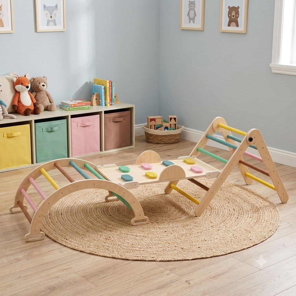Set de escalada Pikler armado en una sala sin niños