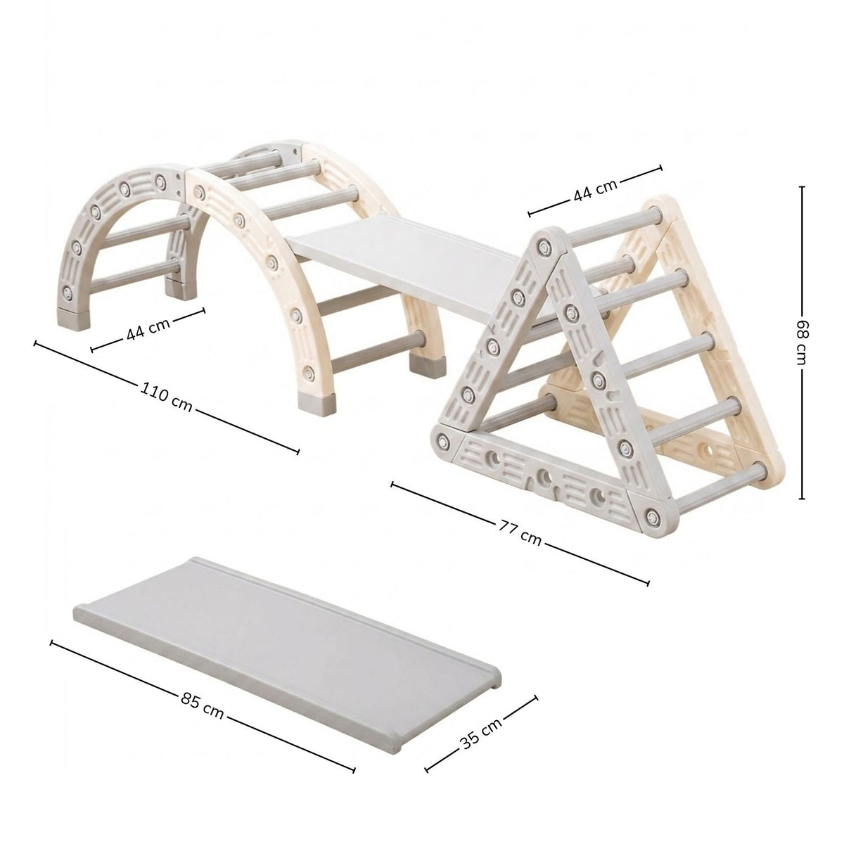 Set Juego Pikler 3 en 1: diagrama con medidas del arco, triángulo y rampa