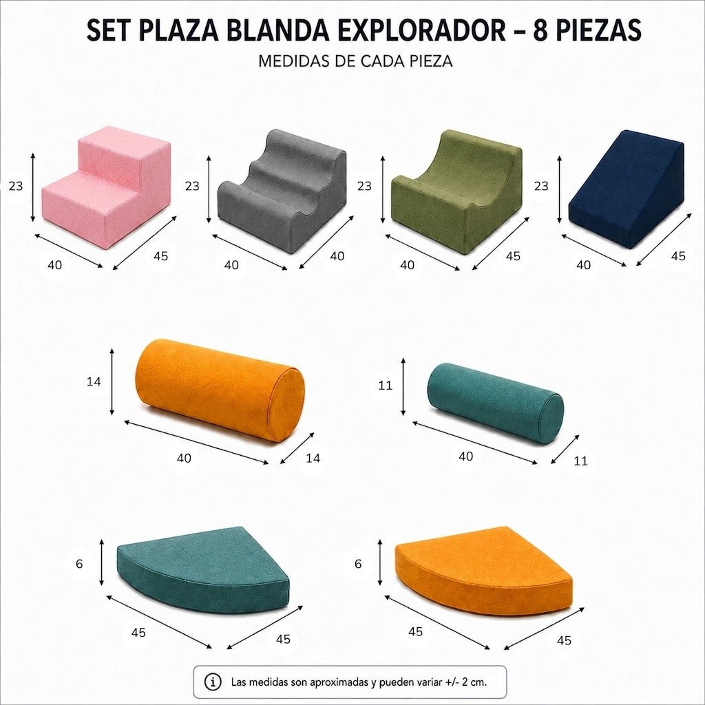 Set de Espuma Explorador: infografía con medidas de las piezas del set Explorador