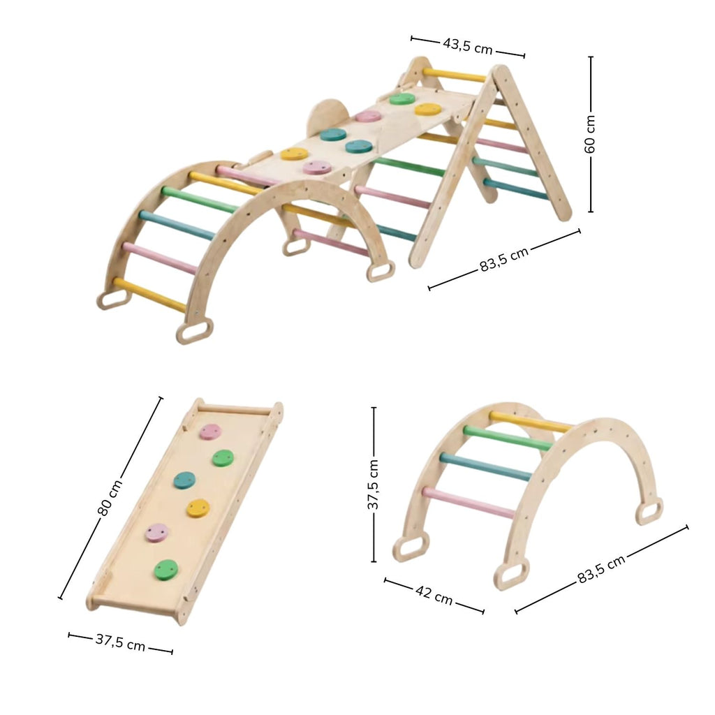 Set de Escalada Pikler: diagrama con medidas del arco, panel y triángulo Pikler