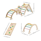 Set de Escalada Pikler: diagrama con medidas del arco, panel y triángulo Pikler