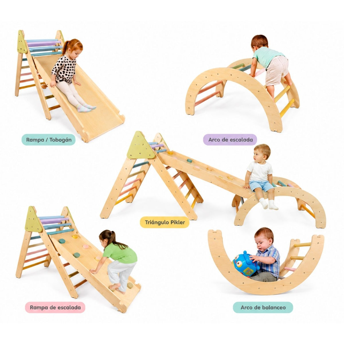 Set de Juego Pikler Plegable: niños usando el set Pikler en distintas configuraciones