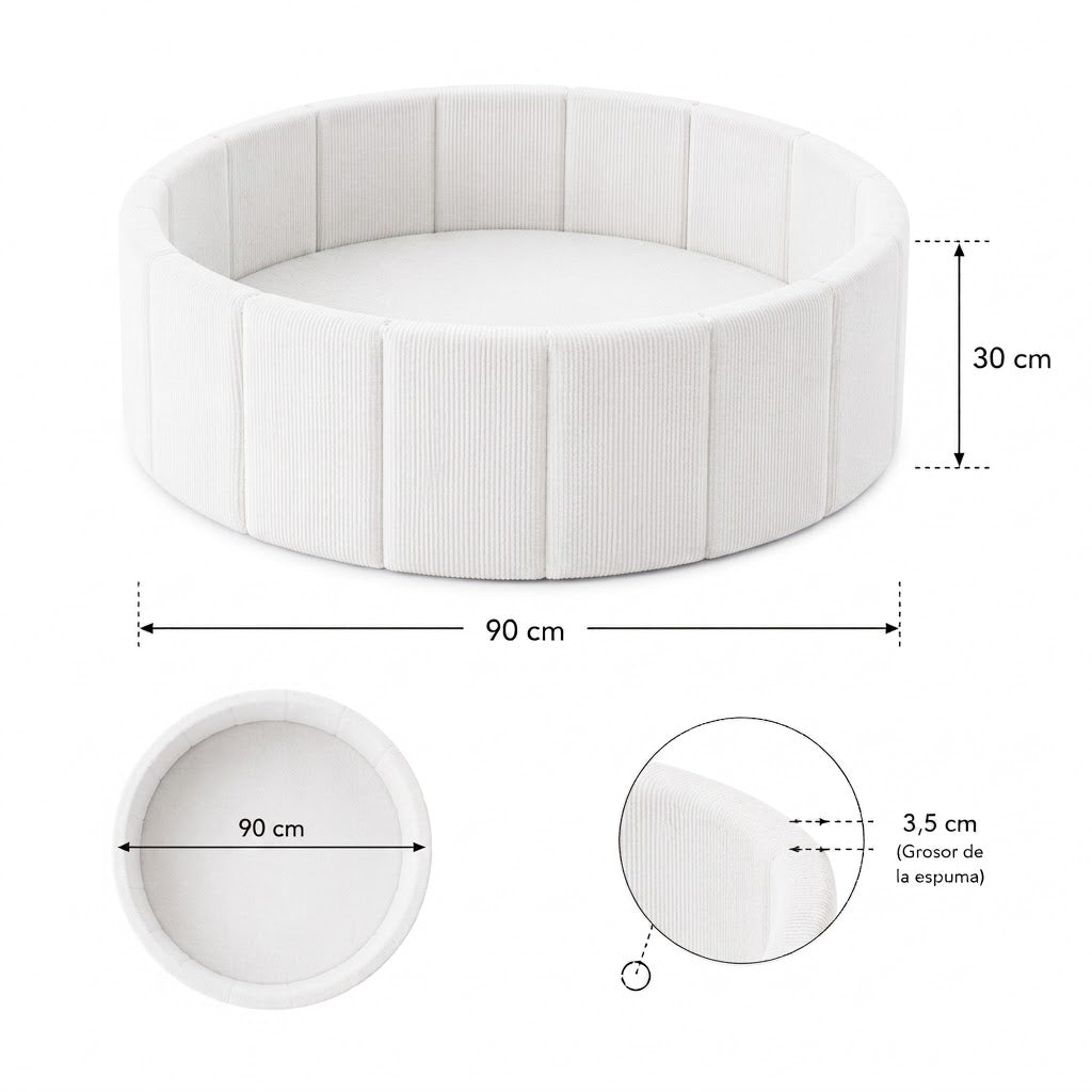 Medidas de Piscina de Pelotas Cotelé: 90 cm de diámetro, 30 cm de alto y espuma de 3,5 cm