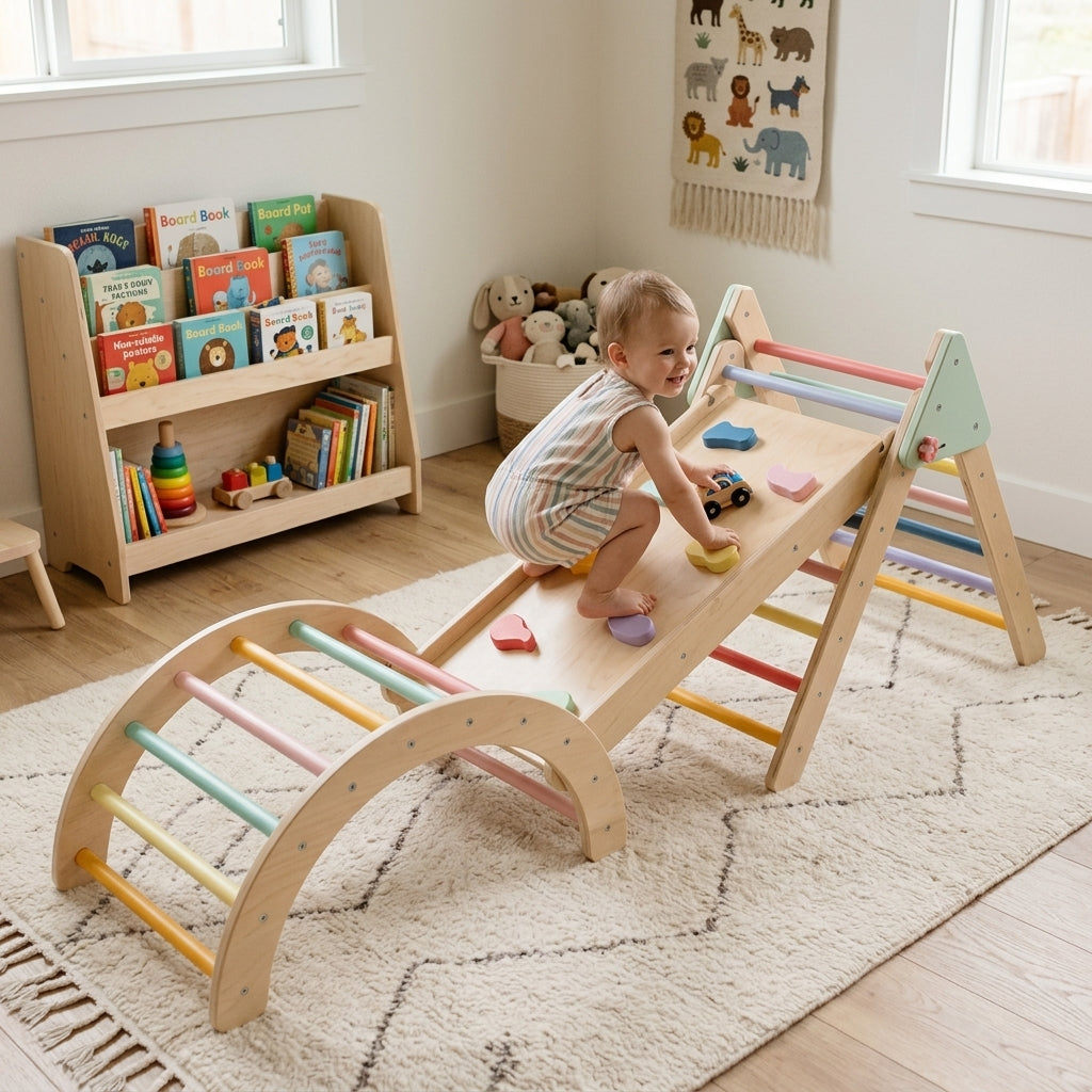 Set de Juego Pikler Plegable: niña jugando sobre el set Pikler en una sala de juegos