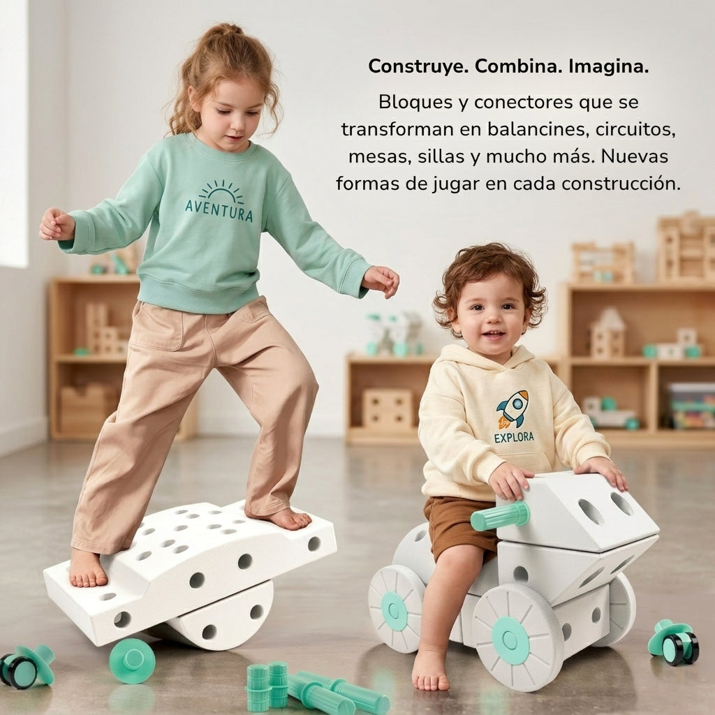 Niños jugando con distintas construcciones creadas con bloques modulares