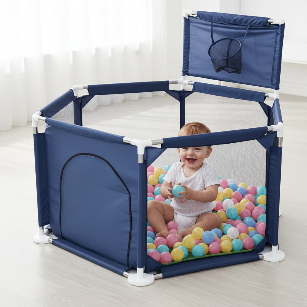 Corral Infantil Compacto con Aro: corral compacto azul marino con aro y un niño en su interior