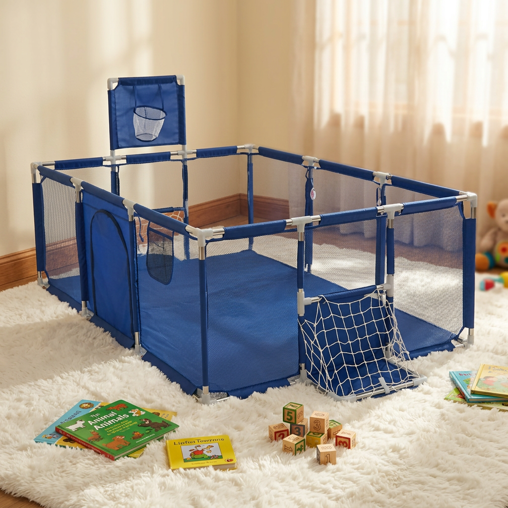 Corral infantil azul marino con malla para zona de juego