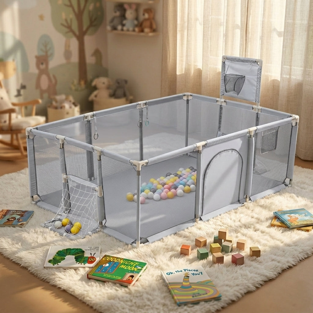 Corral infantil gris con malla para crear una zona de juego segura