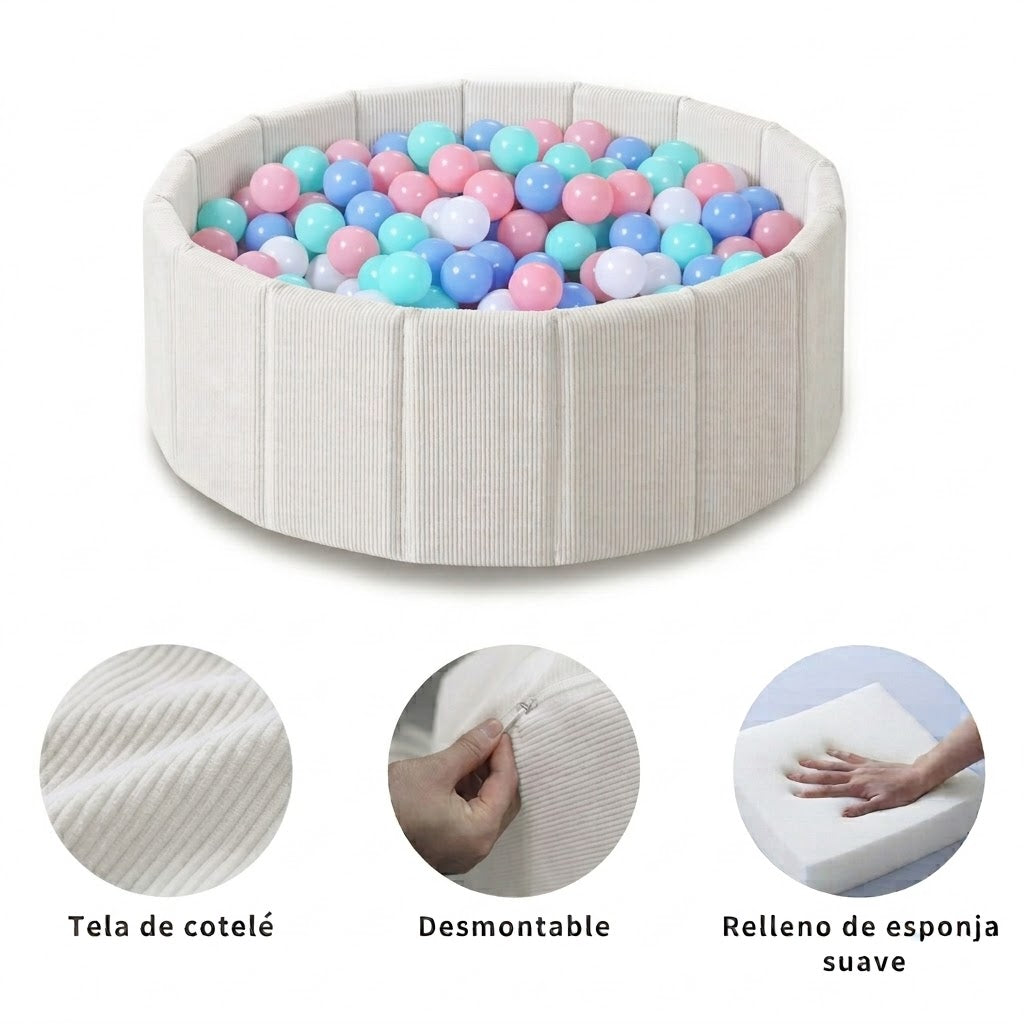 Detalle de tela de cotelé, funda desmontable y espuma de la Piscina de Pelotas NubiPlay
