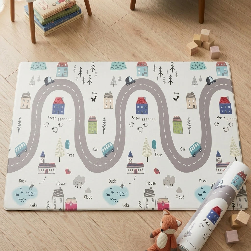 Playmat infantil TPU con diseño de caminos, casas y vehículos