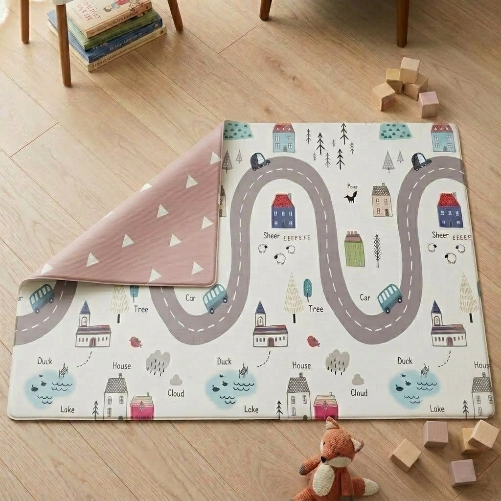 Playmat infantil TPU reversible con diseño rosado y caminos
