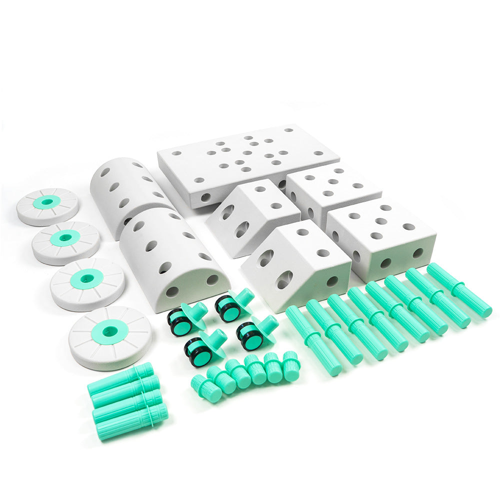 Set de construcción modular infantil con bloques, ruedas y conectores